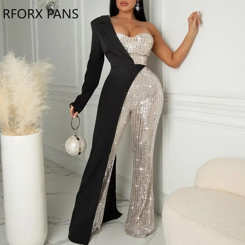 Women Elegant One  Shoulder Long Sleeves Sequins Patchwork Flared Leg Straight Formal Black Jumpsuit