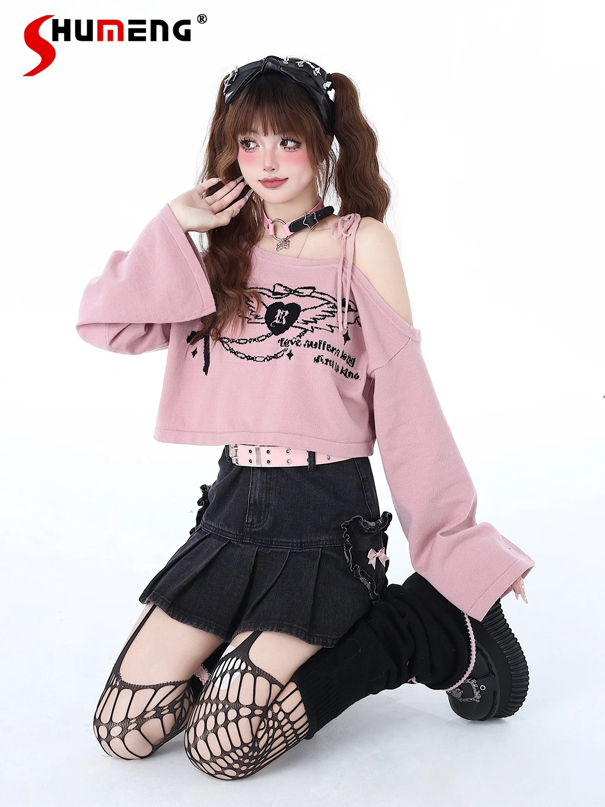 Originale Y2K Hot Girl Off-the-spalla Rosa Magliette Delle Signore 2024 Nuovo Lavorato A Maglia Lace-up Magliette Primavera Estate Breve Tee Top per