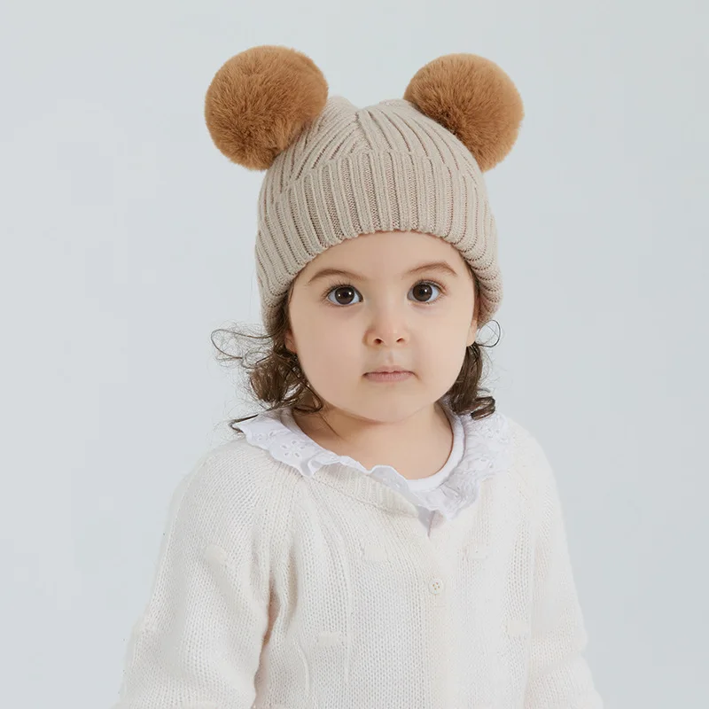 Baby Knitted Hat Children's Acrylic Yarn Imitation Rex Rabbit False Hair Ball Double Ball Hat Cute