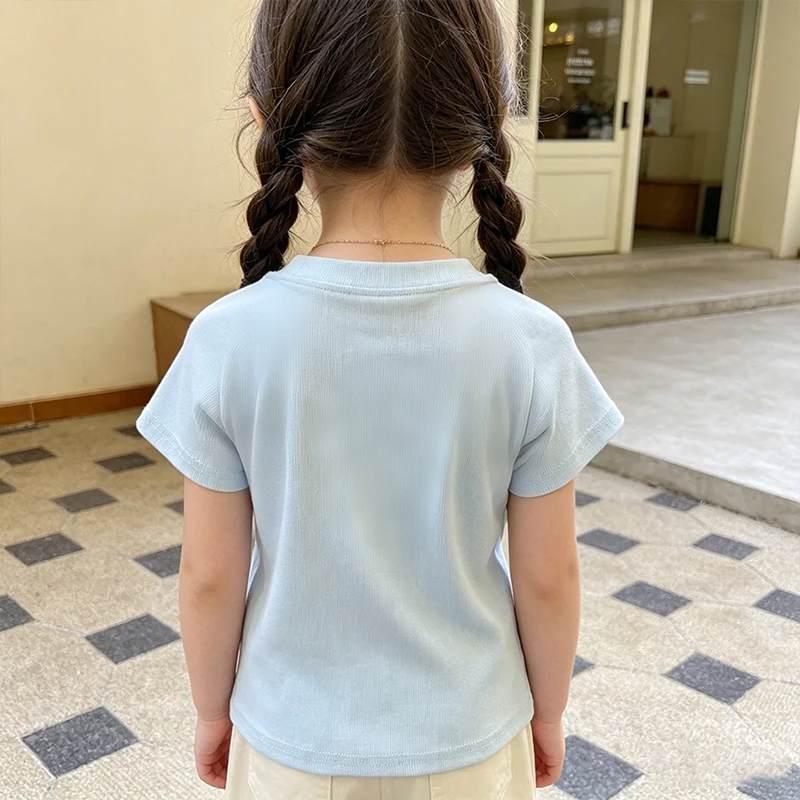 Girls Pearl Bow Short Sleeve T-Shirt Ribbed Knit Slim Fit Top Summer Sweet Princess Tee with Beaded Decoration