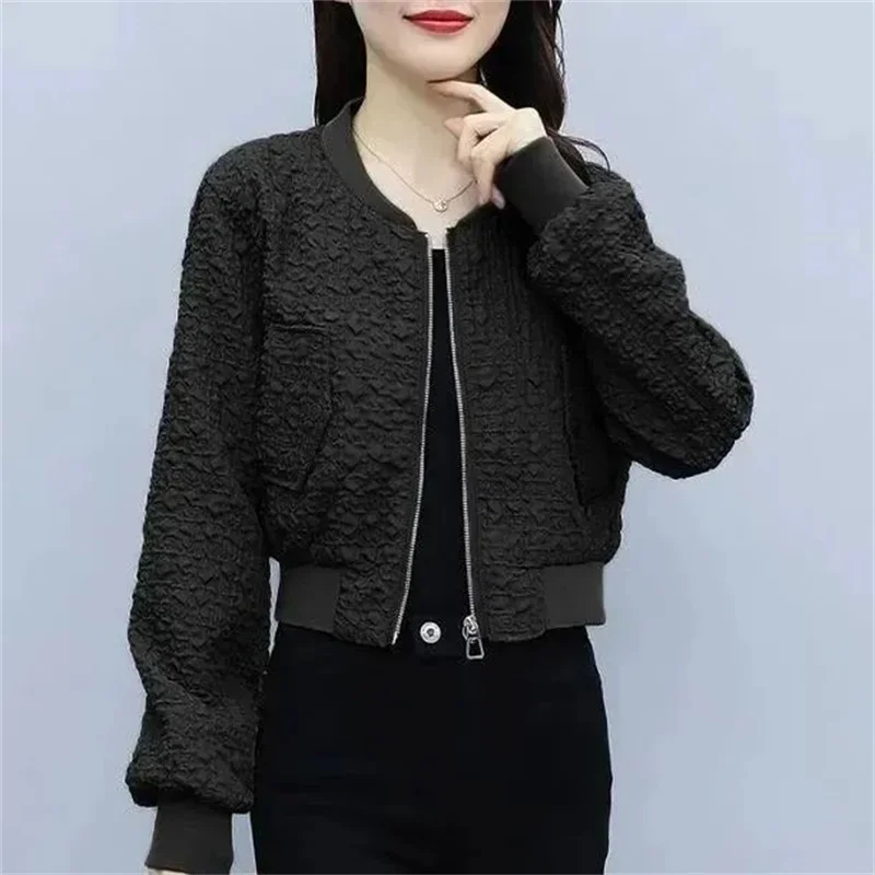 Korean Women Short Baseball Jacket Female Long Sleeved Versatile Outerwear Spring Autumn Ladies Solid Color Baseball Tops Coat