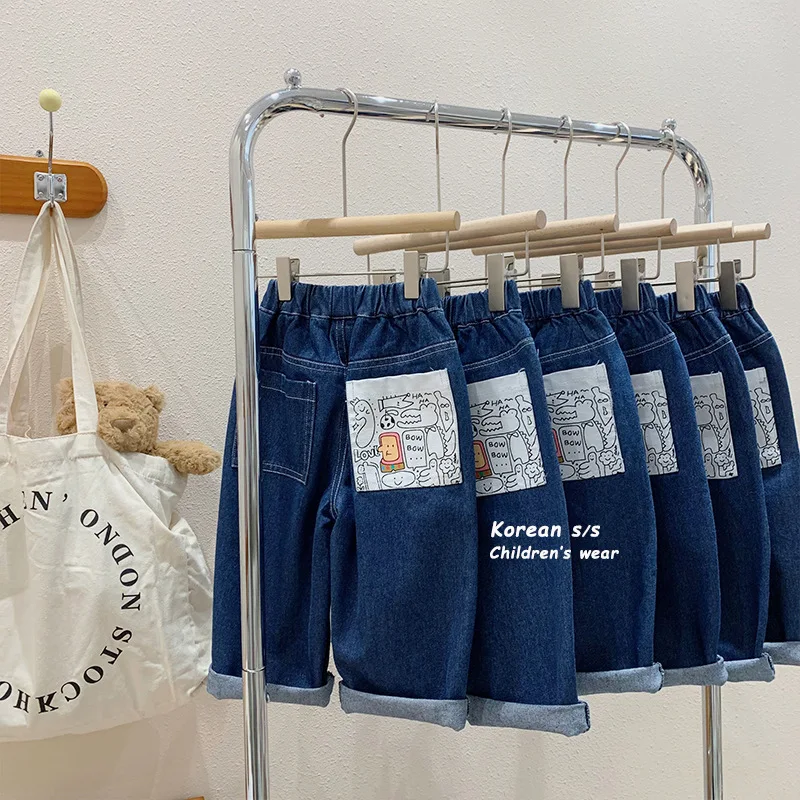 

Джинсовые брюки для девочек, комикс из денима с эластичным поясом, одежда на весну, синие прямые джинсы