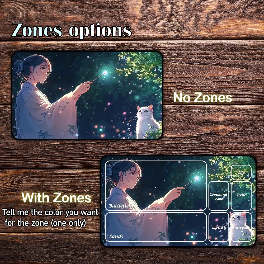 Fantasy Anime Girl Large Gaming Desk Mat Kimono With Magic Wand White Cat Glowing Night Forest Premium Rubber TCG Playmat