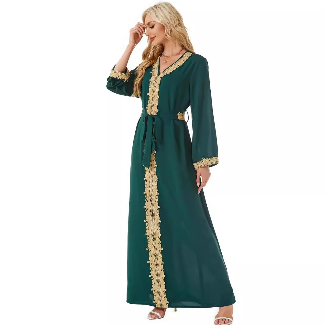 Arab Women Long Robe Embroidery Lace Up Vestidos Eid Muslim Party Ramadan Morocco Jalabiya Dubai Abayas Kaftan Islam Dress