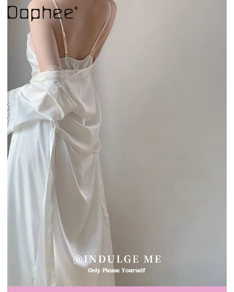 Elegant Light Luxury Lace-edged Nightgown with V-neck Suspenders Two-piece Set Featuring Side-sewn Sheer Lace Women's Home Wear
