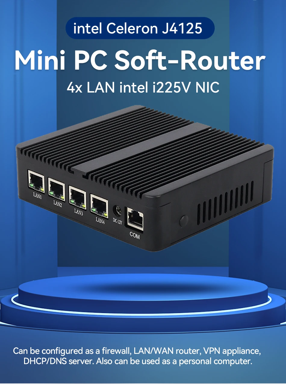 Мини-ПК XCY без кулера, Intel Celeron J4125 четыре ядра 4x LAN 2,5G intel Ethernet i225V Поддержка Windows Linux Pfsense