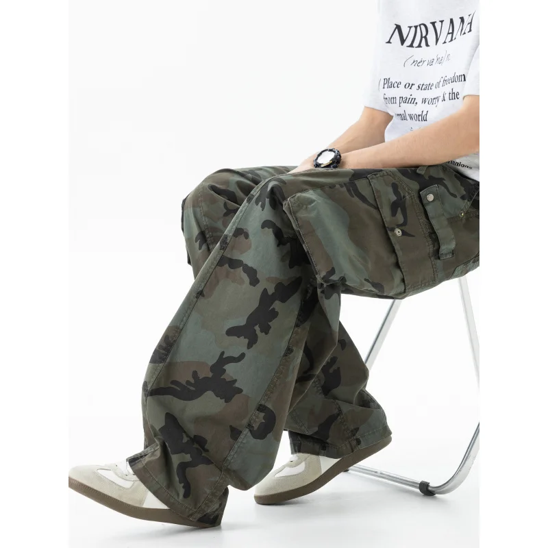 Men's American Retro Camouflage Wide Leg Work Pants Loose Straight Leg Multi Pocket Street Trend Casual Trousers
