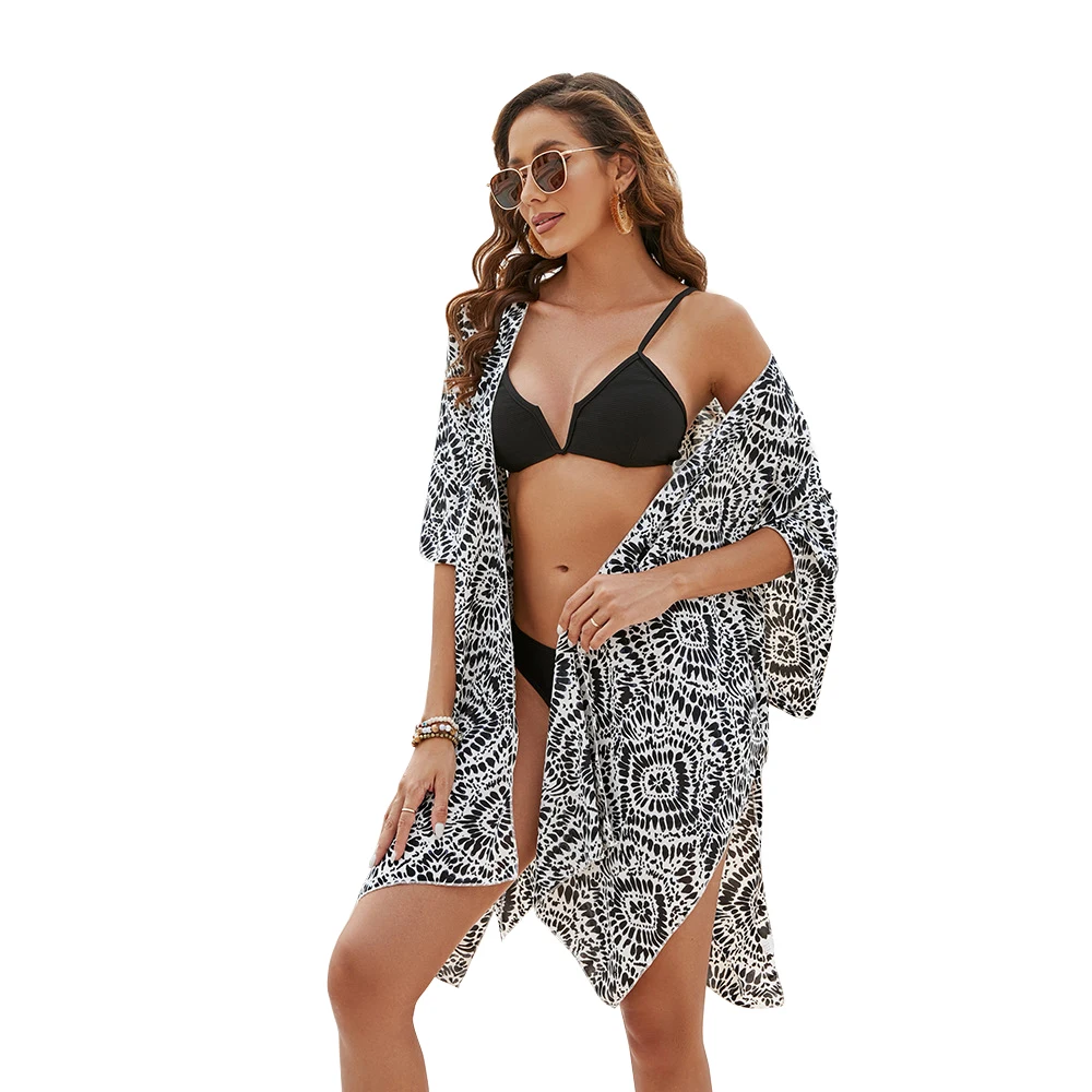 Women's Summer Clock Chiffon Cardigan Lady Sun Protection Shawl Holiday Bikini Blouse Breathable Beach Cape Conditioned Manta