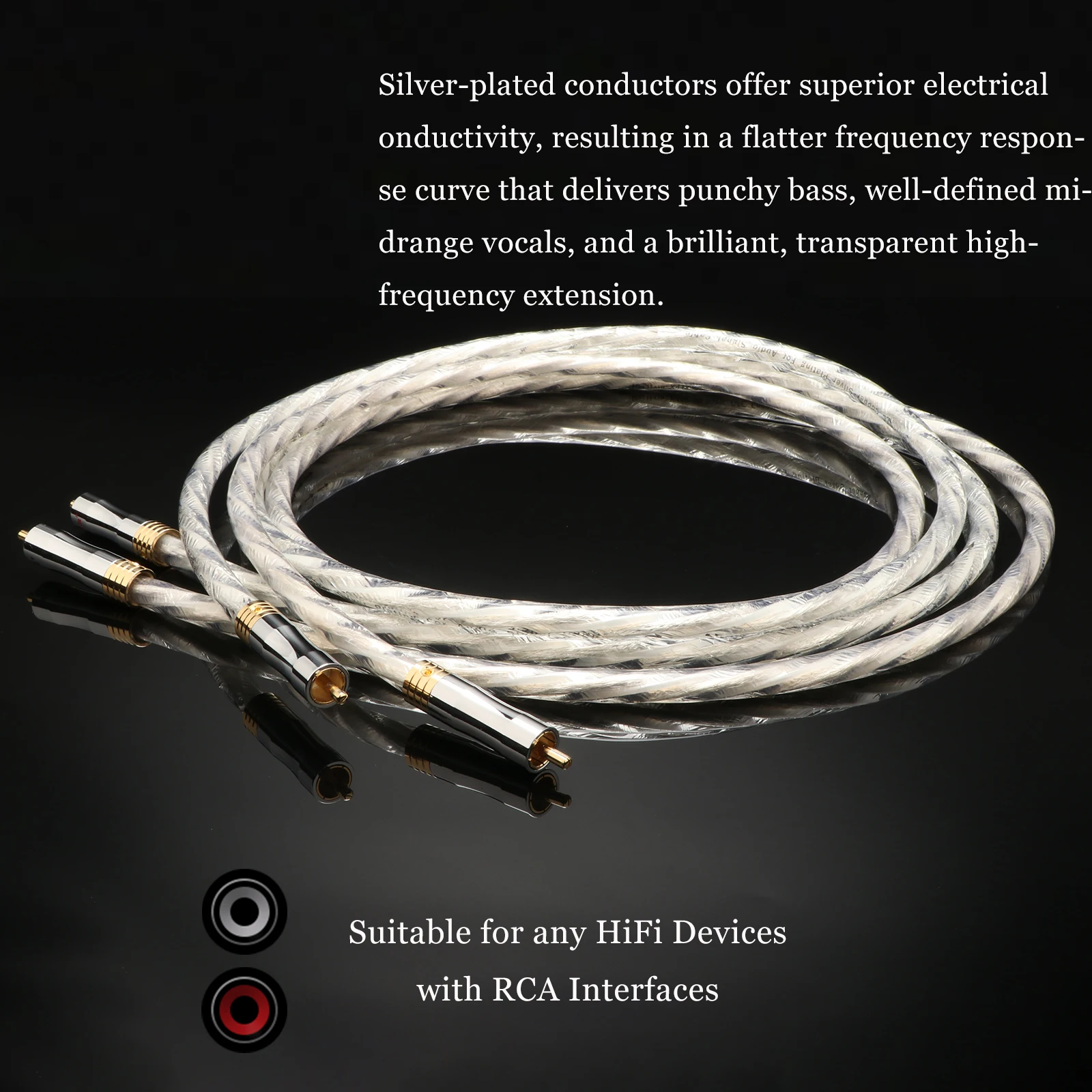 HiFi RCA-Kabel (6N OFC Kupfer, versilbert) 2RCA auf 2RCA mit vergoldeten RCA-Steckern, HiFi RCA-Verbindungskabel – Detail 4