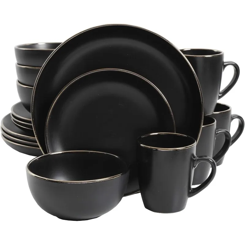 Round Stoneware Dinnerware Set, Service for 4 (16pcs), Black/Gold Rim