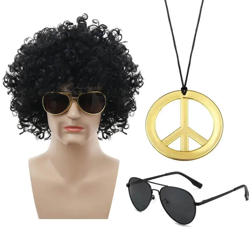 

Punk Wig Cos Hippie Rock Party Fan Hair Afro Peace Necklace Sunglasses Set