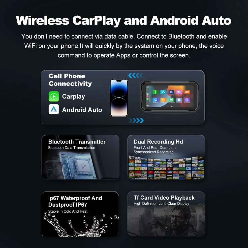 BEPOCAM 6.2in Motorcycle Black Box Touch Carplay Screen GPS Navigation IP67 Waterproof for Dual Cameras Drive Recorder Moto DVR