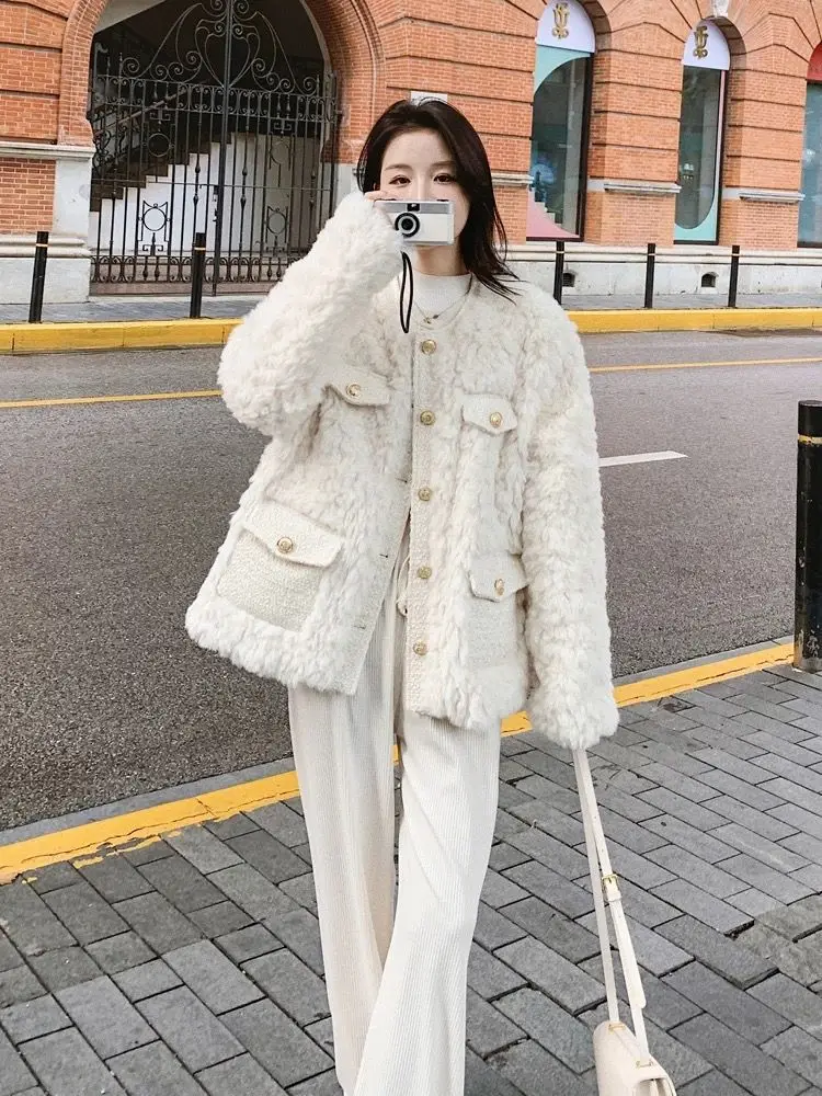 

Tweed Jacket Coat Woman Womens Spring Herringbone Colorblock Quilted Splicing Placket Round-Neck Patchwork Ornament Notched Lady