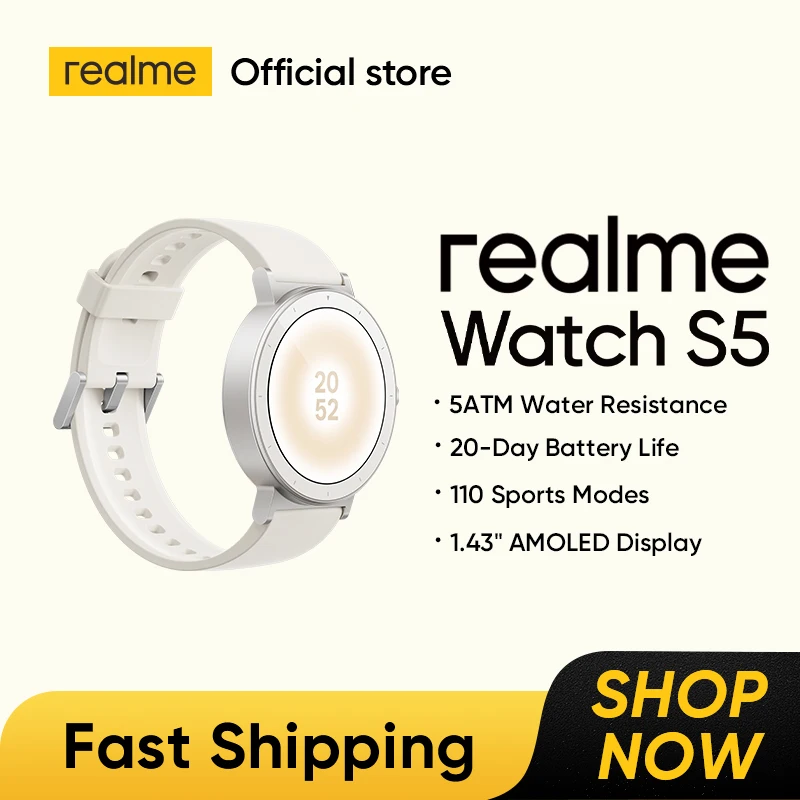 Smart Watch White/Grey realme Watch S5 1.43" AMOLED Display Bluetooth 5.4 Up to 20-day Battery Life