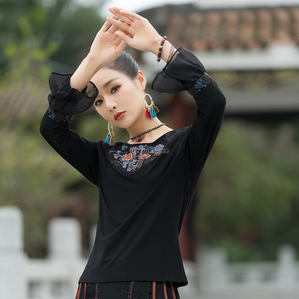 2025 autumn new chinese vintage ethnic style round collar long sleeve applique embroidered modal flared sleeve t-shirt top t001