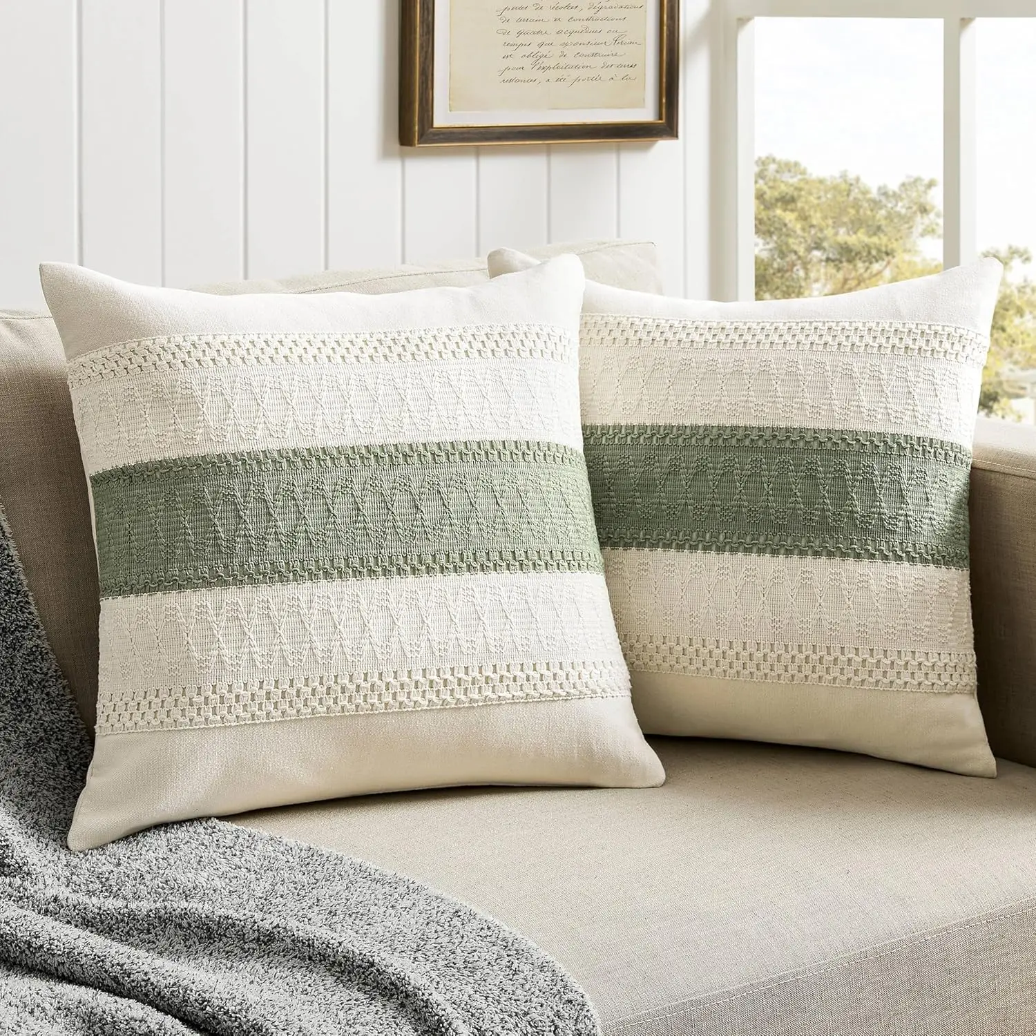 

Boho Contrast Throw Pillow Covers 18x18 Inch Couch Pillow Cases Sage Green Cushion Covers for Sofa Bed Living Room Home Decor