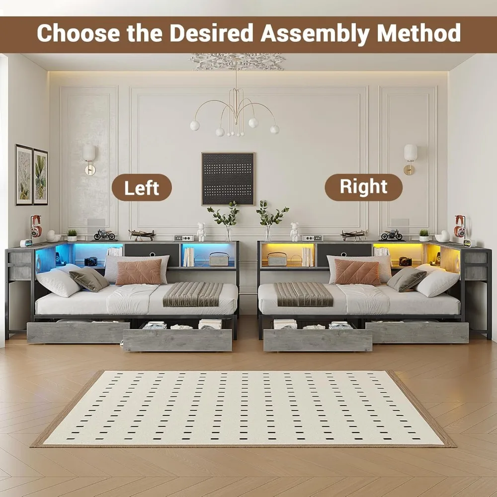 Corner Bed Frame with Storage Bookcase, Twin Daybed with Storage Drawers Underneath, Kids Bed Unit with Charging Station