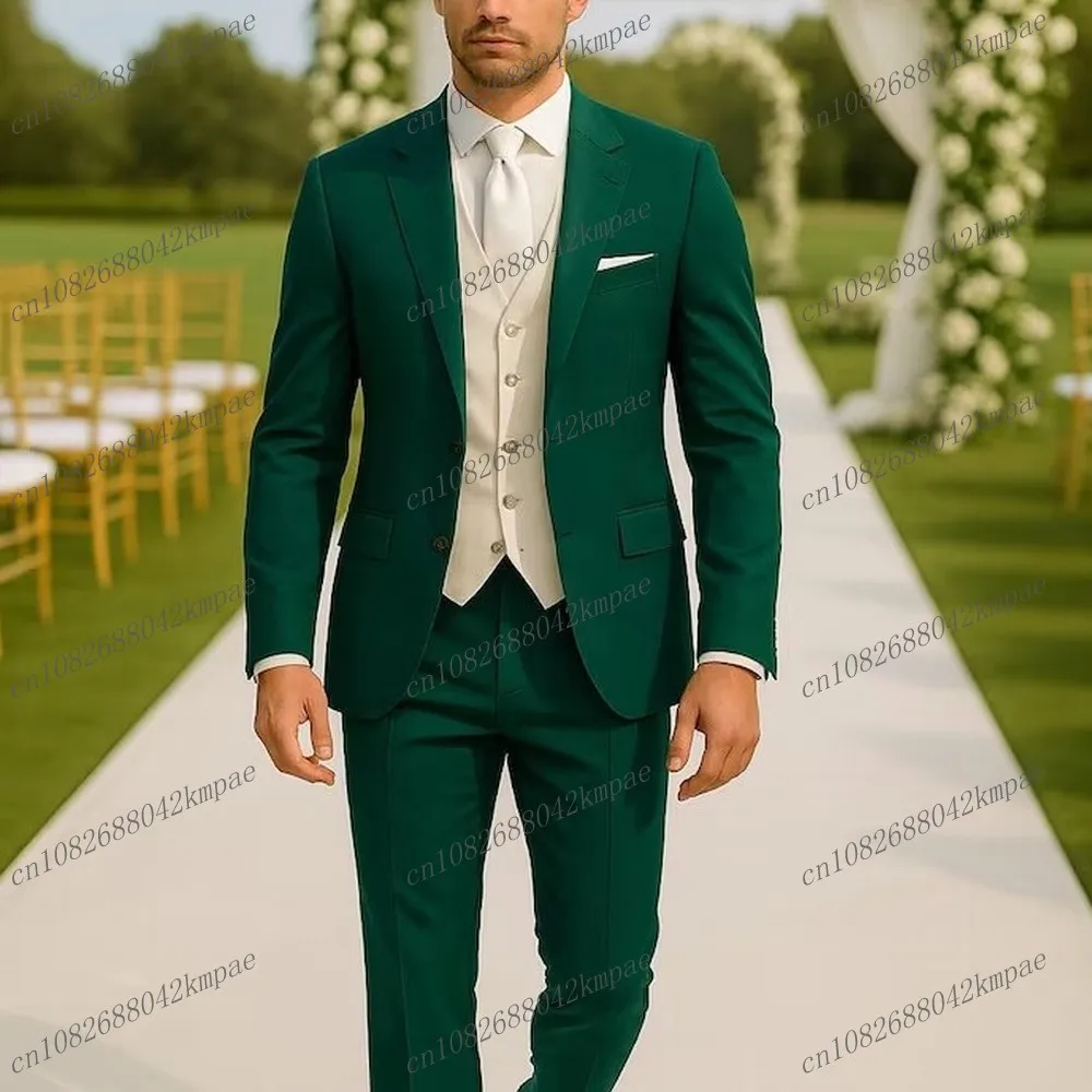 

New Green And Ivory Formal Men Suit Groom Groomsman Wedding Party Prom Business Male Tuxedos 3 Piece Set Blazer Vest Pants