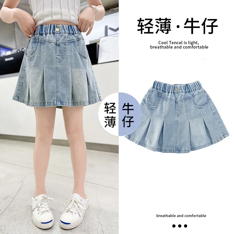 2026 SUMMER Children Girls Clothes Fashion Teenager Denim Jeans Safety Shorts Pant Pleated Skirt Jeans 4 8 9 10 11 12 Years