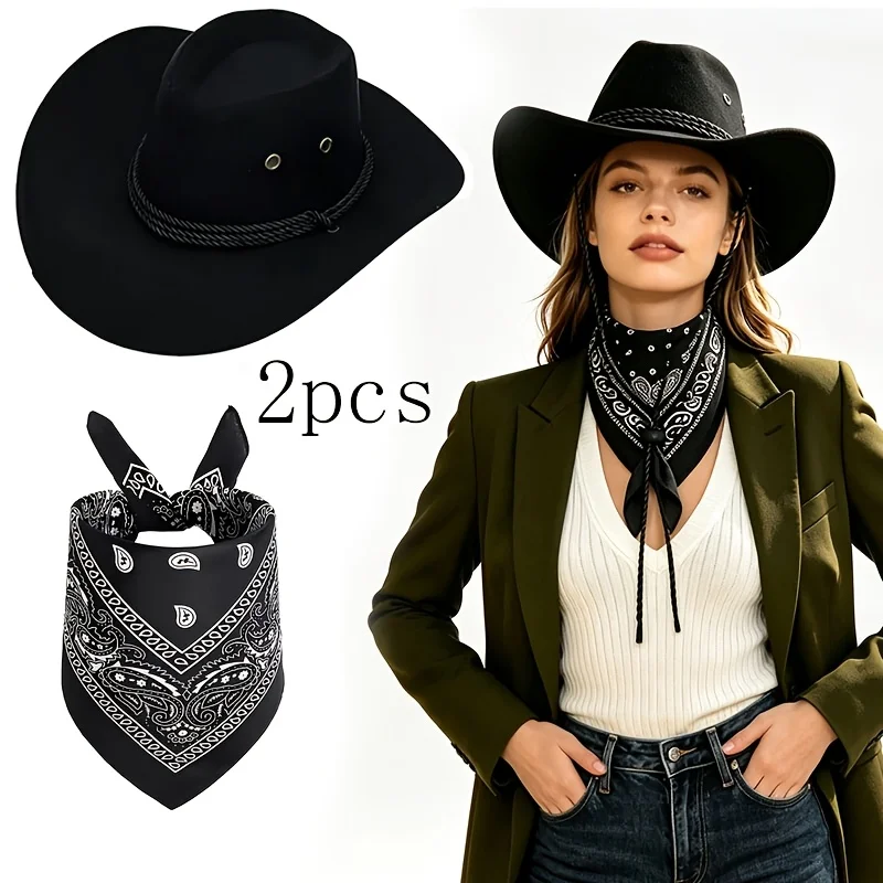 2Pcs Western Cowboy Hat and Paisley Bandana Set Black Costume Accessories for Country Concert Rodeo Halloween Party