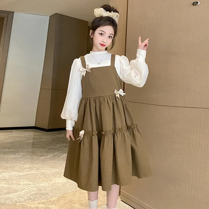 

Spring Autumn Children Girl 2PCS Clothes Set Elementary Girl Bubble Long Sleeves Tops+Bow Suspender Skirt Set For Girls 4-12Yrs