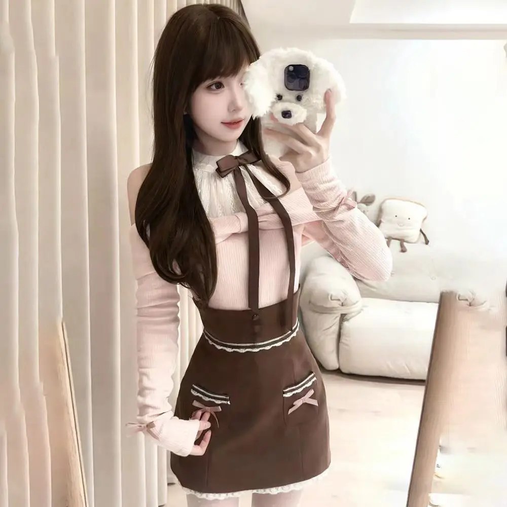 Winter Knit Sweet Sexy Elegant 2 Piece Sets Women Lace Design Blouse + High Waist Retro Skirt Female Chic Korea Popular Clothes