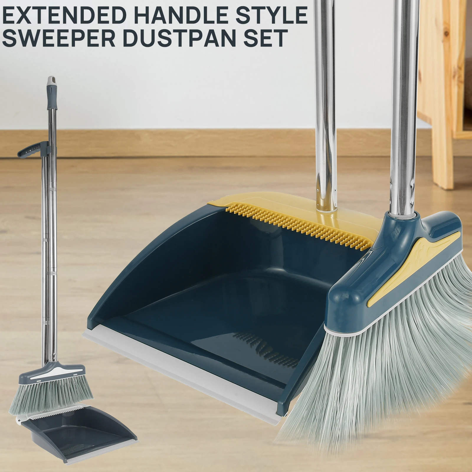 

2Pcs Broom and Dustpan Set with Long Handle Retractable Upright Broom Dustpan 50.4 Inch Extendable Handle Brush with Combed