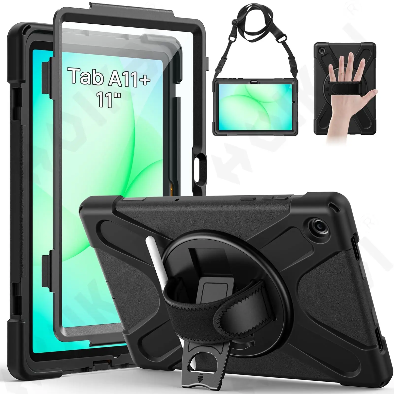 

Чехол для Samsung Galaxy Tab A11 Plus (2025)/A9 Plus (2023) 11 дюймов, усиленный, с поворотной подставкой, противоударный, с ремнем для руки и плеча, черный