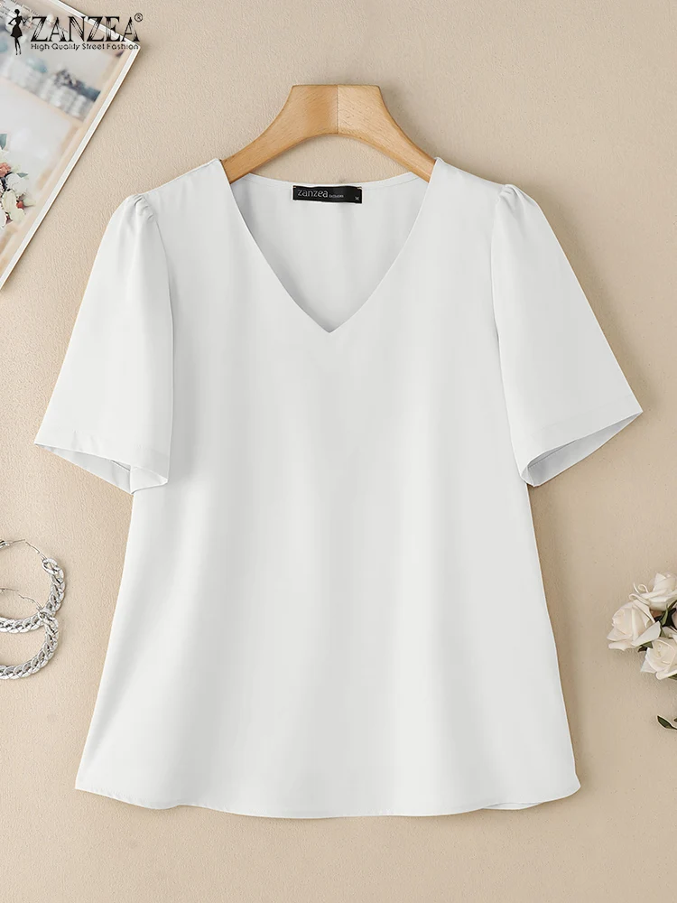 

ZANZEA женские Blusas Mujer, элегантные однотонные летние блузки с короткими пышными рукавами, лето 2021, офисные повседневные футболки с v-образным вырезом