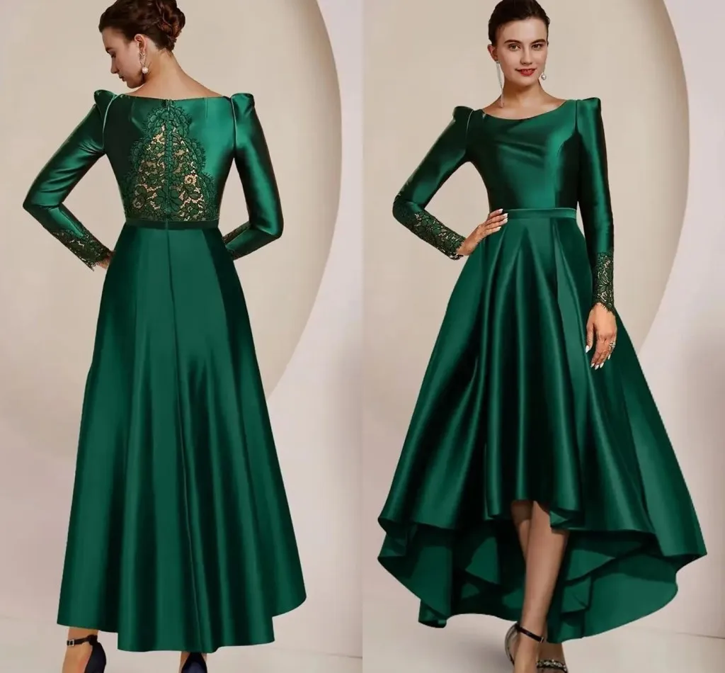 

Elegant Green Evening Formal Dresses 2026 Scoop Lace Appliques Long Sleeve High Low Prom Pageant Party Gowns Robe De Soriee