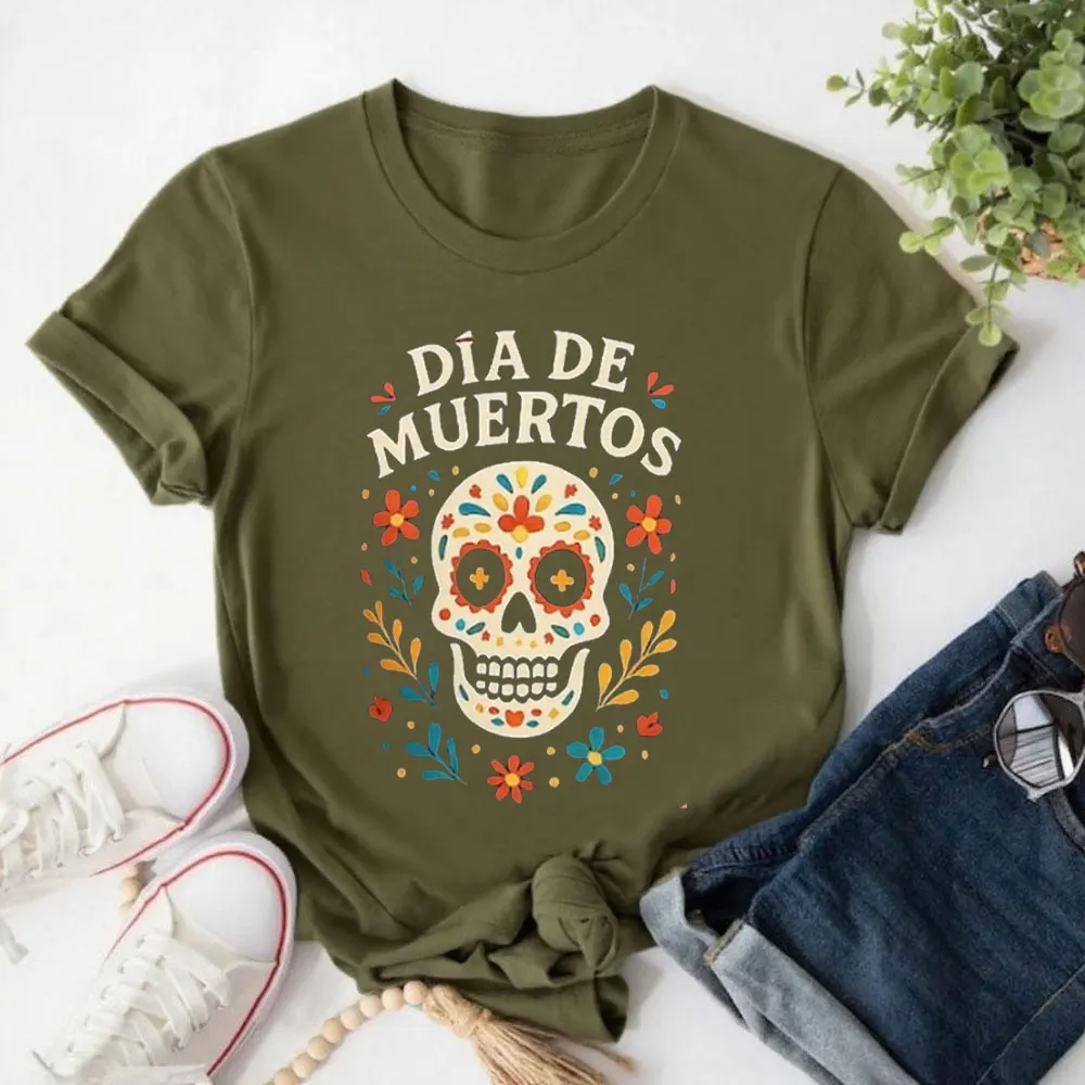 유니섹스 데이 오브 더 데드 티셔츠 정통 멕시코 티셔츠 컬러풀한 해골 프린트 축제용 멕시코 의류 O넥 고품질 면