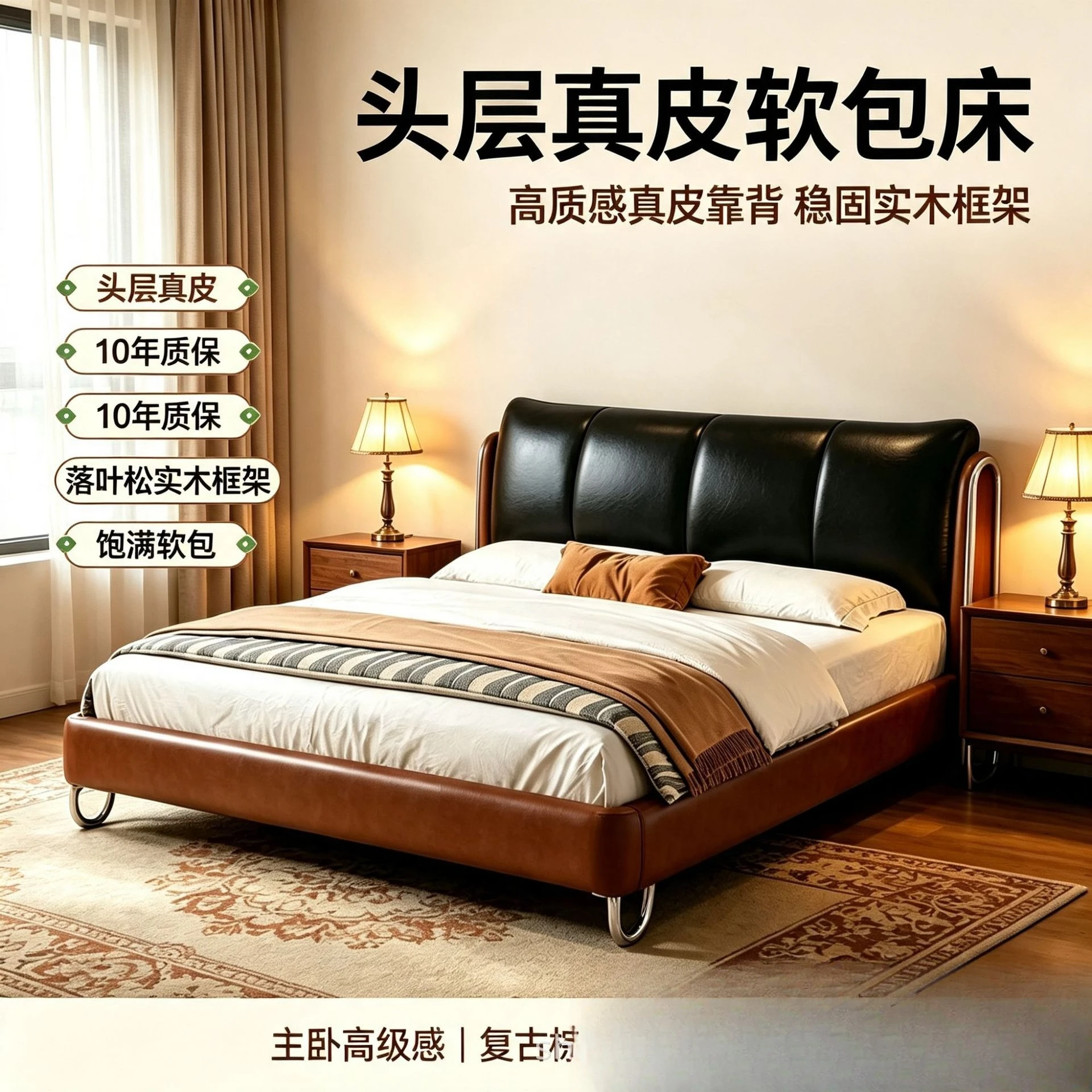 Medieval style first-layer leather bed 1.8 meters double bed, larch solid wood frame retro soft bag master bedroom leather bed