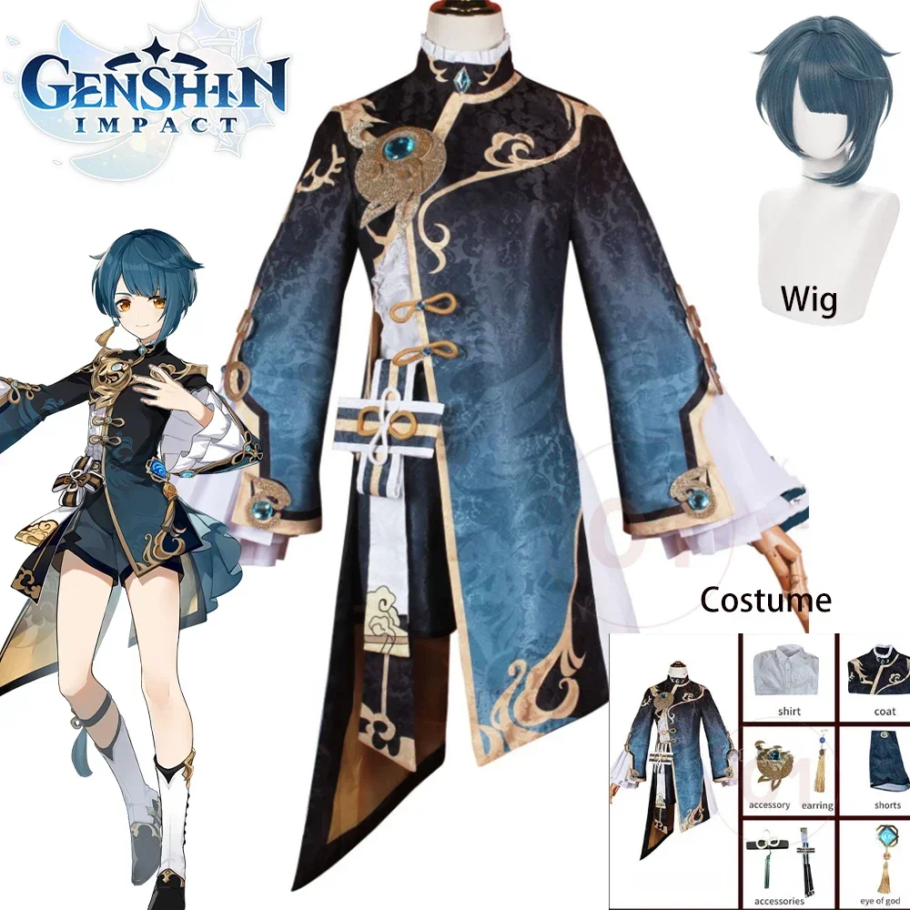 

Anime Game Genshin Impact XingQiu Cosplay Costume Xing Qiu Outfit Shoes Earrings Wig Cosplay Halloween Costume For Women Men Set