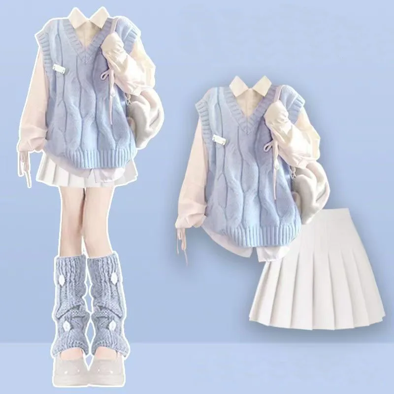 Temperament Dressing Dopamine Knitted Vest Shirt Women's Early Autumn 2025 College Style Pleated Skirt Set Three Piece Set