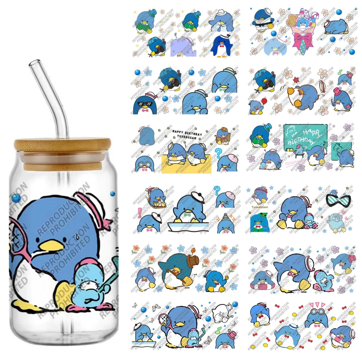 

New Kawaii penguin Transfer Stickers Waterproof UV DTF Cup Mug Wraps Sticker DIY 3D Wrap Decal For 16oz Libbey Glass