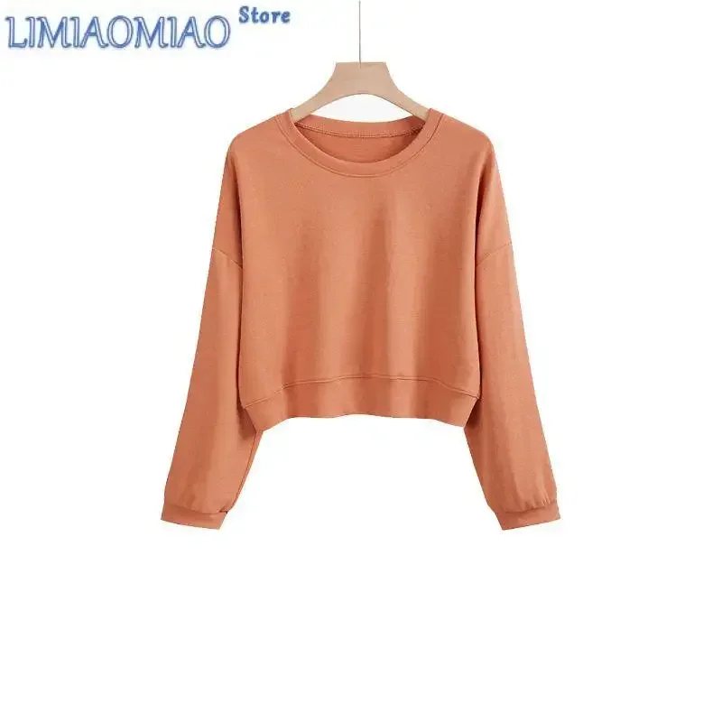 Korean Solid Color Sweatshirts New Autumn Women's Wear Fashion Temperament O-collalr Long Sleeve Loose Short All-match Top