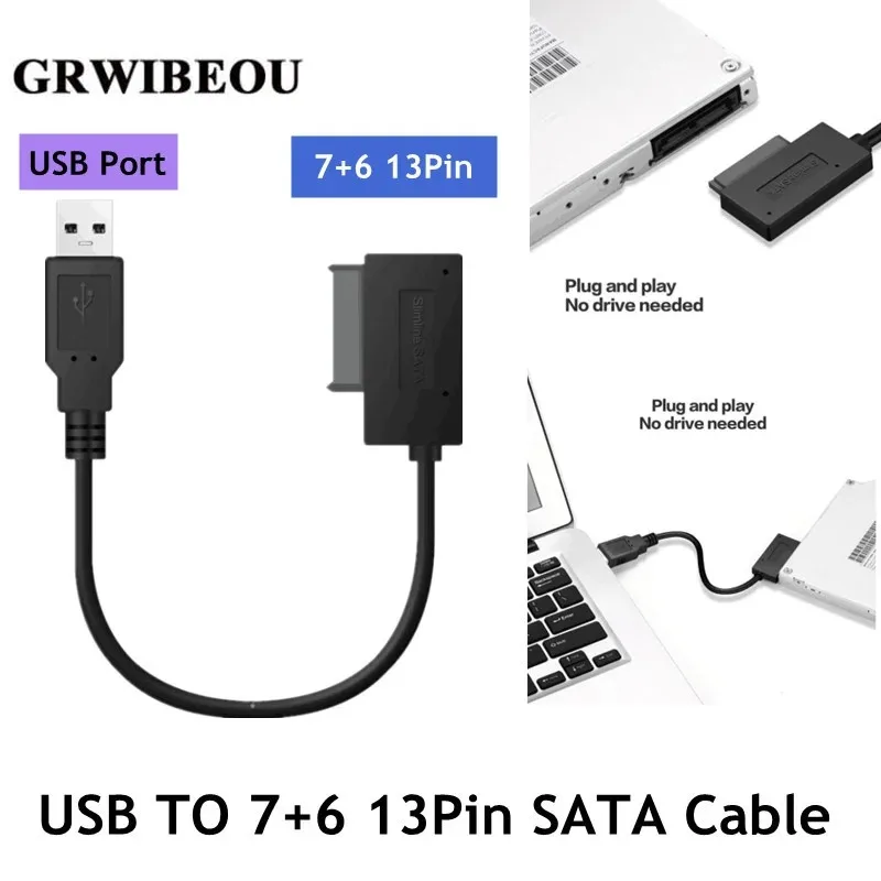 

USB Adapter PC 6P+7P CD DVD Rom SATA To USB 2.0 Converter Slimline Sata 13 Pin Adapter Drive Cable For PC Laptop Notebook