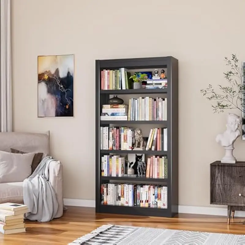 Metal 5-Tier Floor-Standing Bookcase with Adjustable Step Shelves • Rust-Resistant Powder-Coated Finish • 61 Inch Tall Rectangul