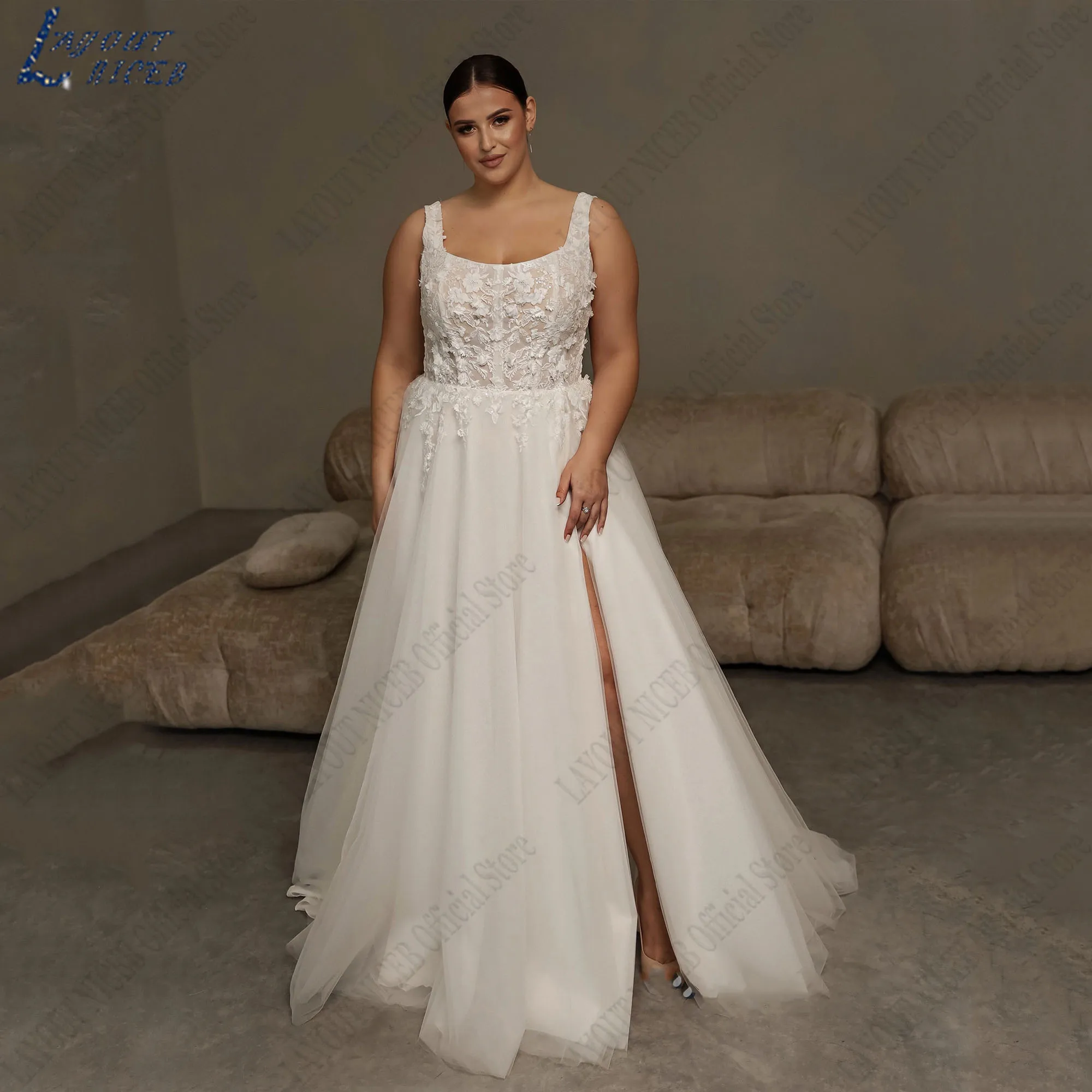 

LAYOUT NICEB Plus Size Wedding Dresses Square Neck Sleeveless Bride Gowns Side Slit A-Line Lace Appliques Vestido De Casamento