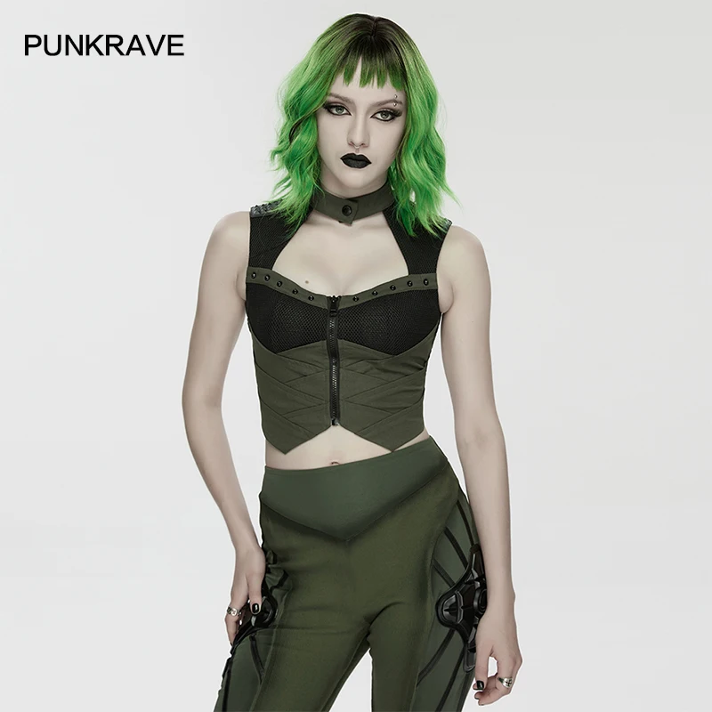 

PUNK RAVE Women's Cyberpunk Woven Stiff Mesh 3d Black Rubbe Hardcore Mechanical Vest Chest Studs Punk Sexy Tops Two Colors