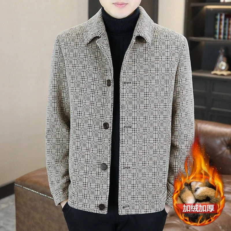 

Winter Striped Men's Woolen Jackets Casual Business Thick Warm Wool Blends Jacket Add Velvet Chenille Coats Social Men Clothing