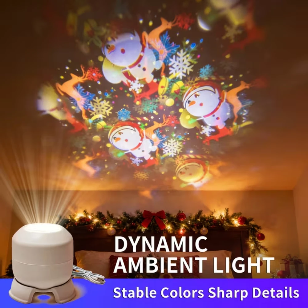 USB Rechargeable Dynamic Projector LED Christmas Snowflake Projection Night Light Dimmable Mood Light for Xmas New Year Decor
