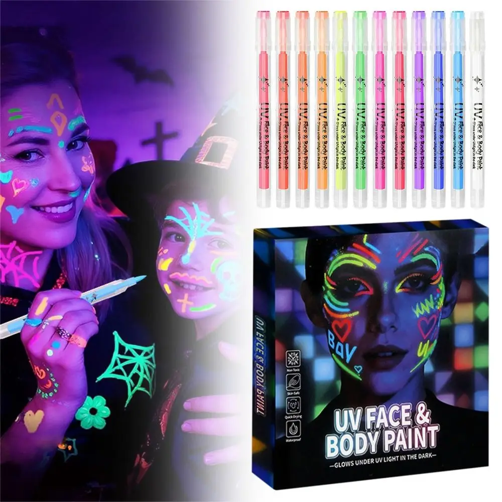 12 Colors Glow Face Paint Markers Black Light Reactive Non-Toxic UV Neon Face Paint Easy Wash Off Water-Based Temporary
