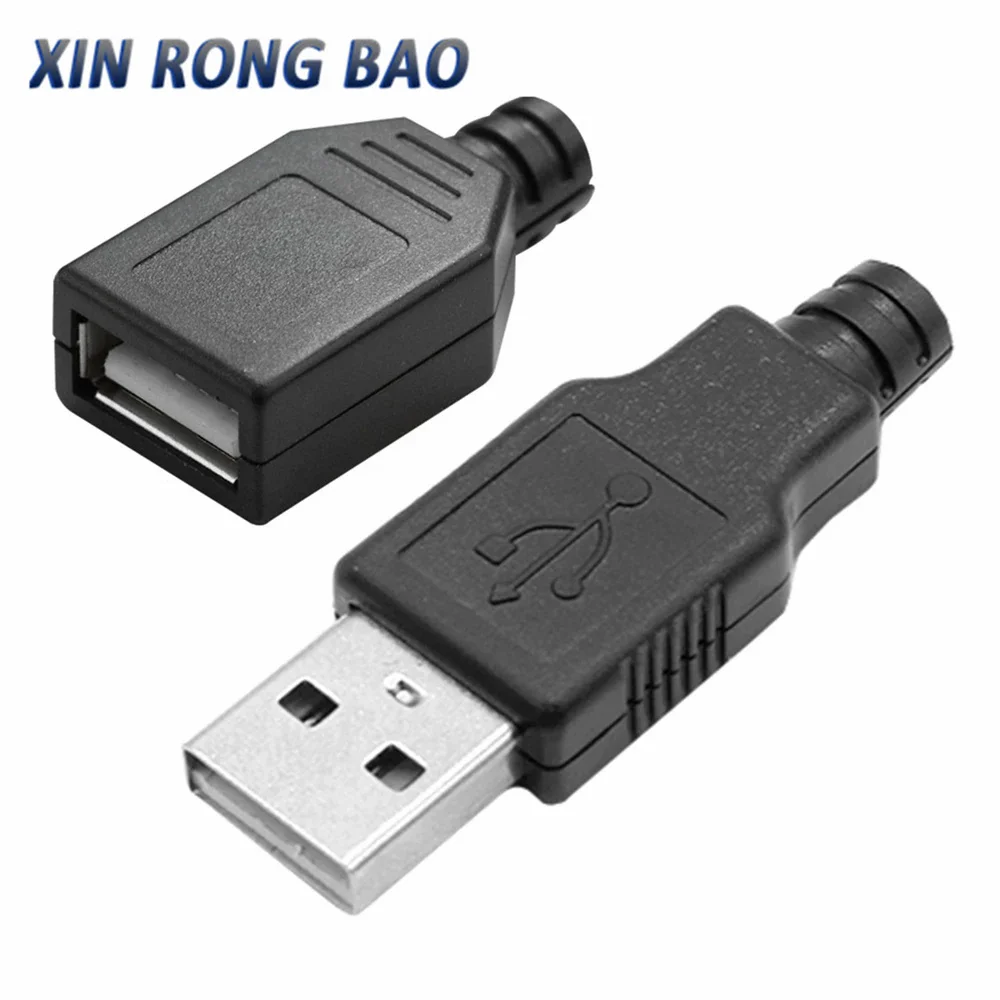 10Pcs USB Type A Connector Male Female 4 Pin Plug Socket With Black Plastic Cover USB 2.0 Type-A Soldering DIY Kits