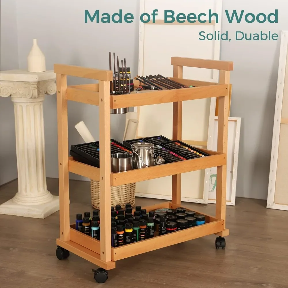 

Solid Beechwood Art Cart Storage Organizer, 3-Tier Rolling Utility Studio Taboret with Casters, Multifunctional Storage T