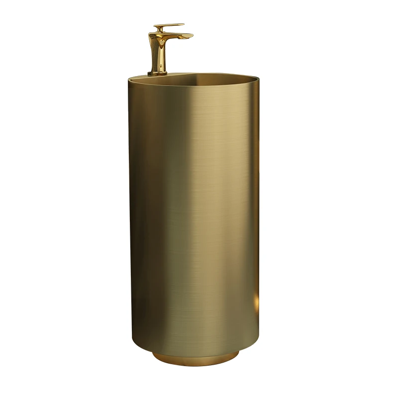 

Golden round stainless steel column type washbasin Floor-to-ceiling column basin with lamp Hotel bathroom hand column basin