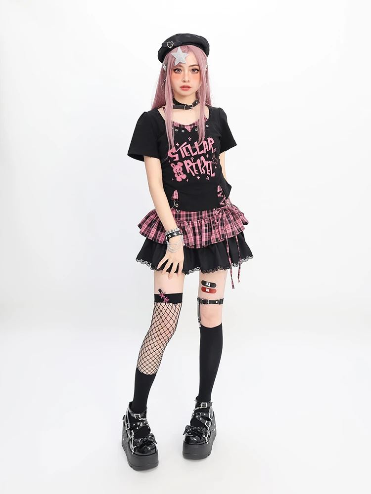 패션 거리 하위 문화 달콤한 멋진 소녀 Y2K 스커트 스퀘어 넥 짧은 소매 슬림 티셔츠 격자 무늬 스플 라이스 스커트 세트 여성 여름
