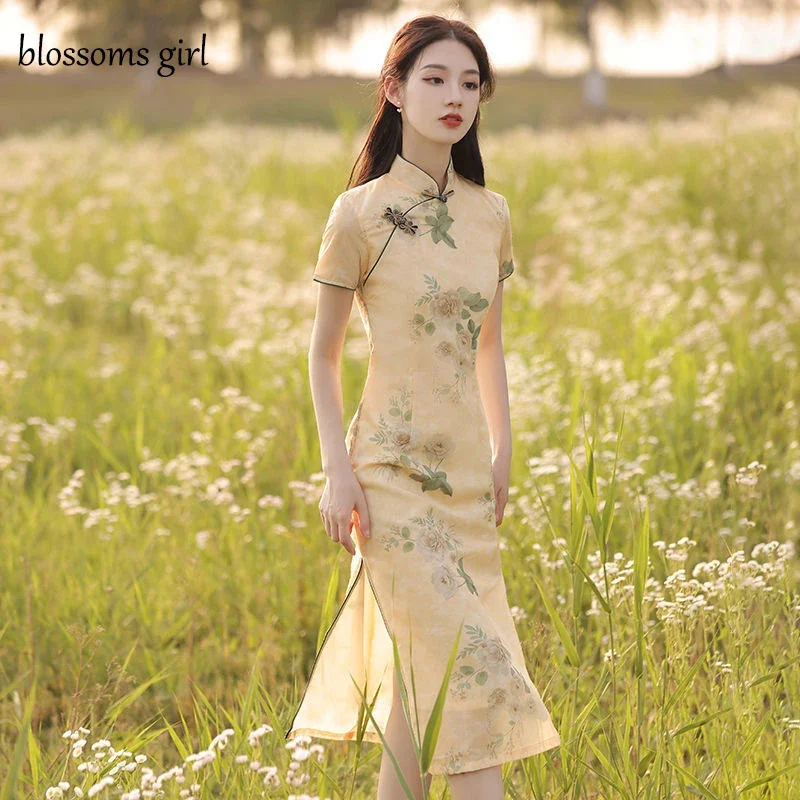 

Ципао с цветочным принтом, женские традиционные китайские платья Cheongsam, Vestido, воротник-стойка с коротким рукавом, элегантный ретро, большие размеры