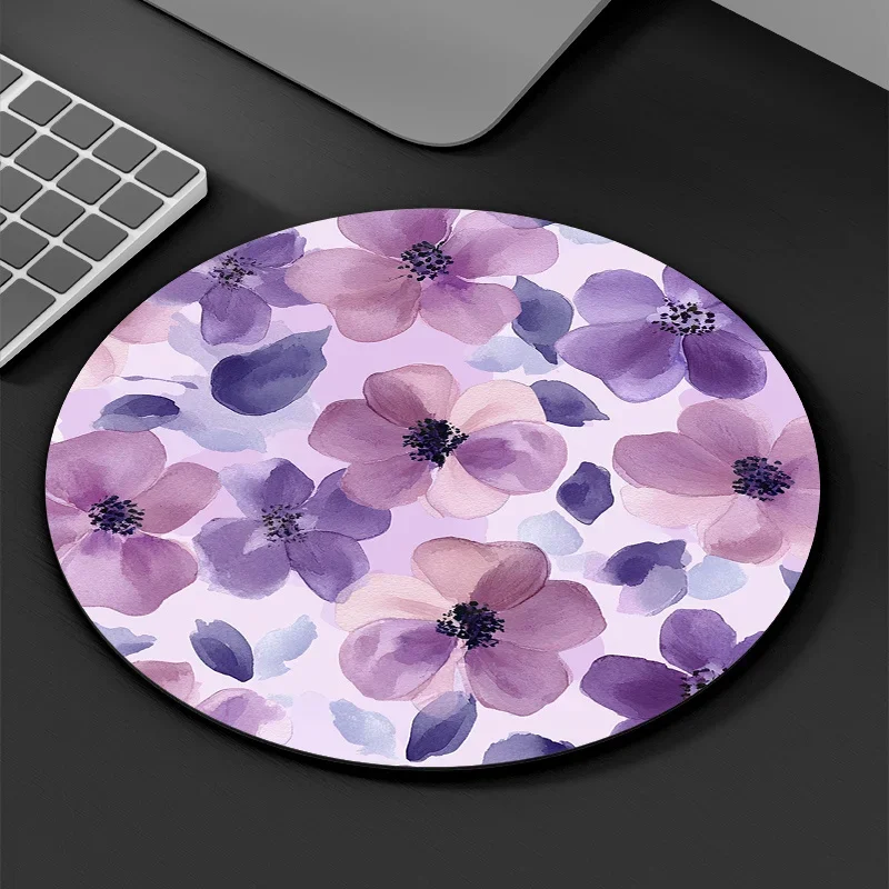 

1pc Purple Floral Round Mouse Pad Non-Slip Rubber Surface Desk Accessories Desk Pad Pc Setup Accessories Mouse Mat Rug desk mat
