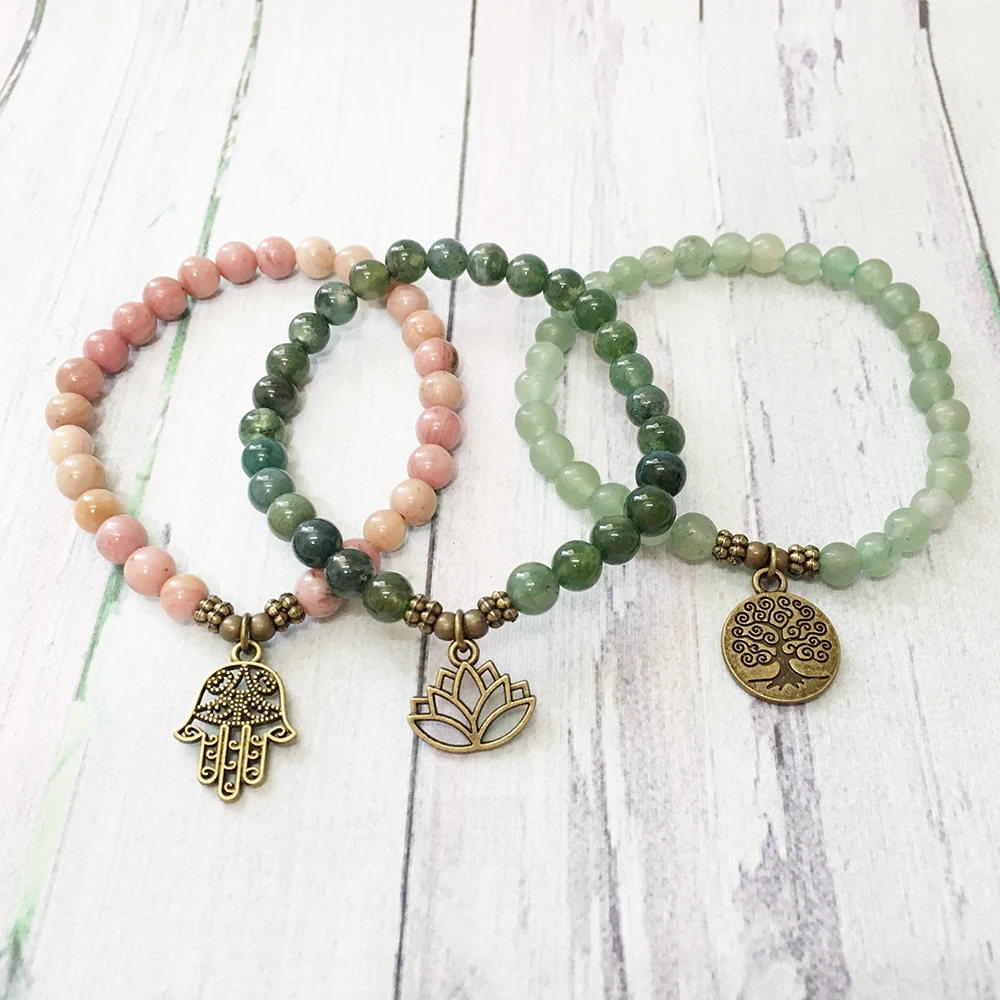 MG0482 6 MM Rhodonite Hamsa Charm Bracelet High Grade Moss Agate Energy Bracelet Natural Green Aventurine Women`s Jewelry